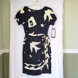 Jones New York Faux Sarong Dress; Size 10; Black with Ivory Print